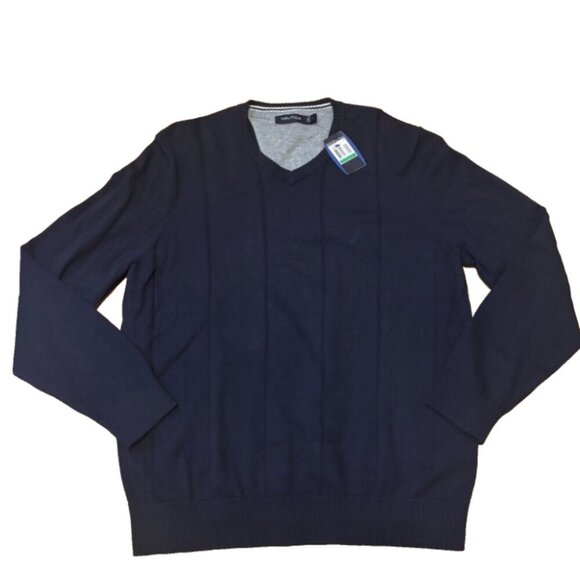 Nautica Textured Stripe Embroidered Logo Soft Navy Blue V-Neck Sweater Mens Sz L - Picture 1 of 4
